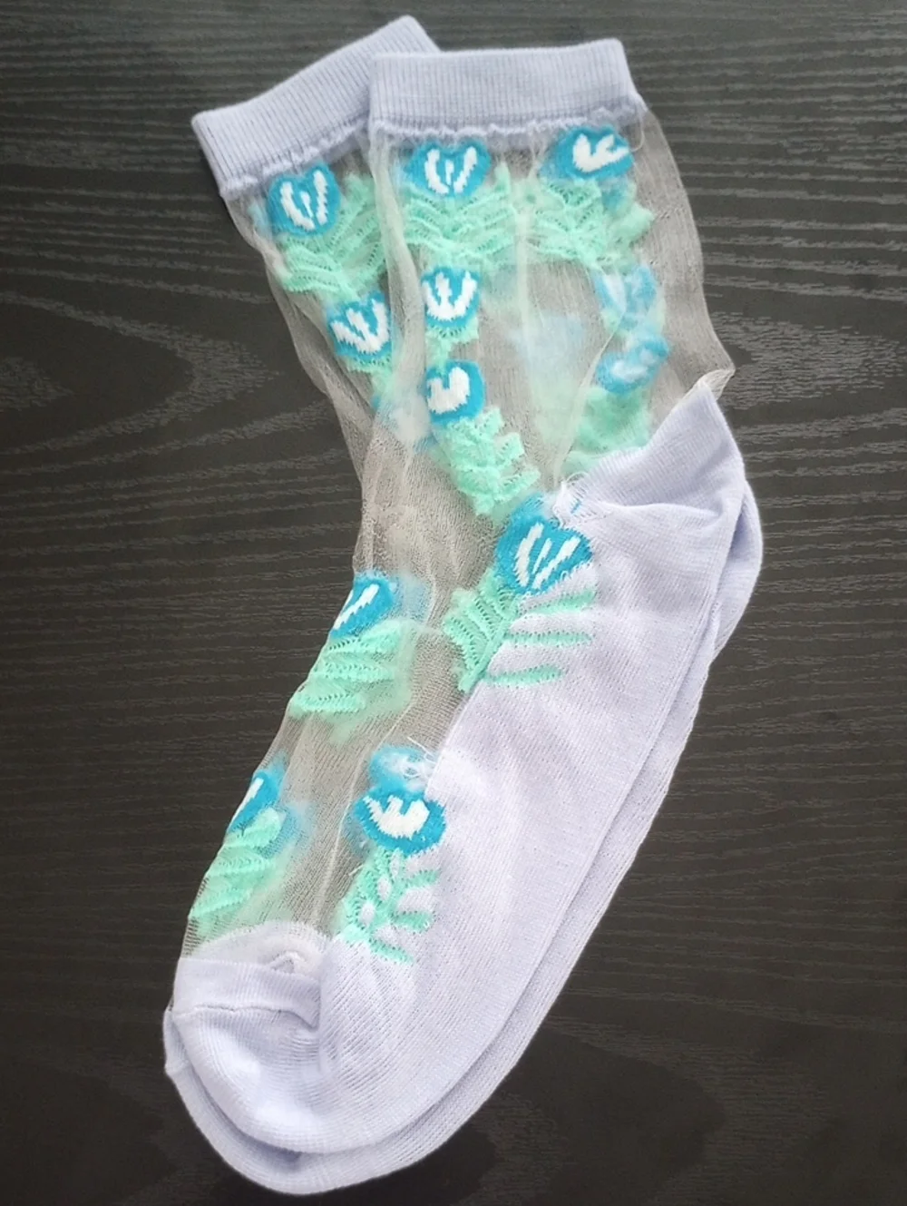 Sheer Floral Blue Green Crew Midcalf Socks